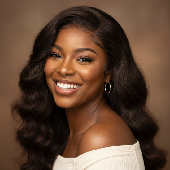 Black woman smiling with chocolate brown deep wave wig, happy expression, beauty portrait, square format