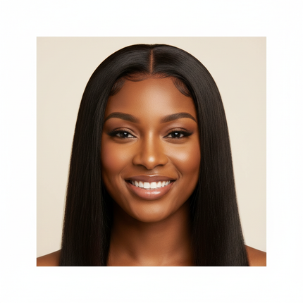 Black woman smiling with V part straight wig, happy expression, studio portrait, square format