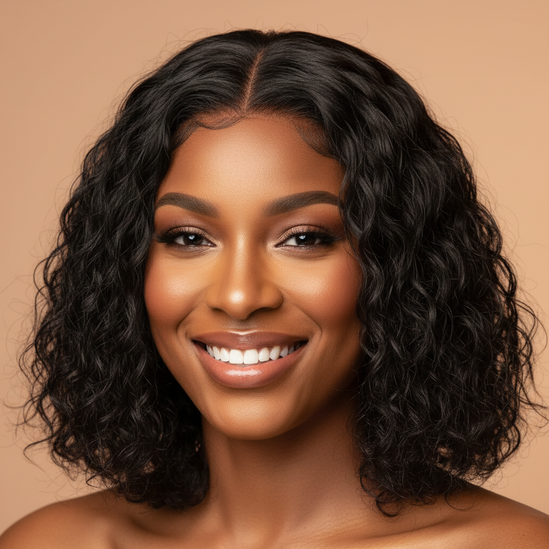 Black woman smiling with water wave bob wig, happy expression, beauty portrait, square format