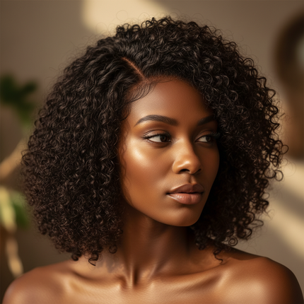 Black woman V part bob curly wig portrait, looking away pose, square frame, natural beauty lighting