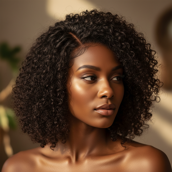 Black woman V part bob curly wig portrait, looking away pose, square frame, natural beauty lighting