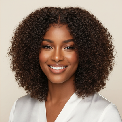 Black woman V part curly bob wig, smiling happy pose, front facing, square frame, professional photo