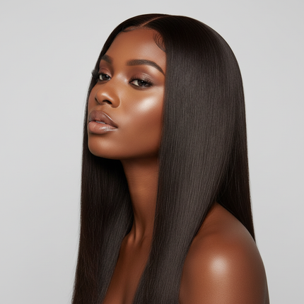 Black woman V part straight wig, head tilt pose, flawless portrait, square format