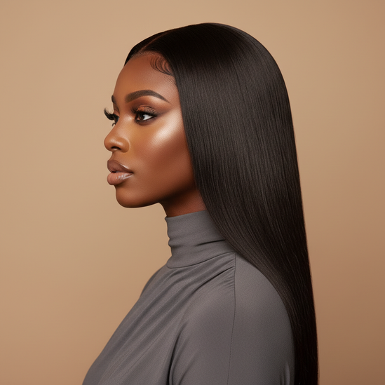 Black woman V part straight wig, side profile, luxury beauty portrait, square format