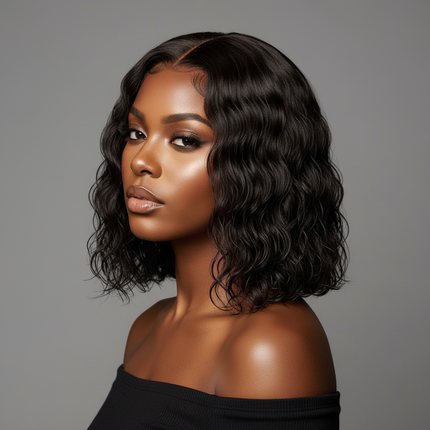 Black woman water wave bob wig, head tilt, wavy texture, beauty photo, square format