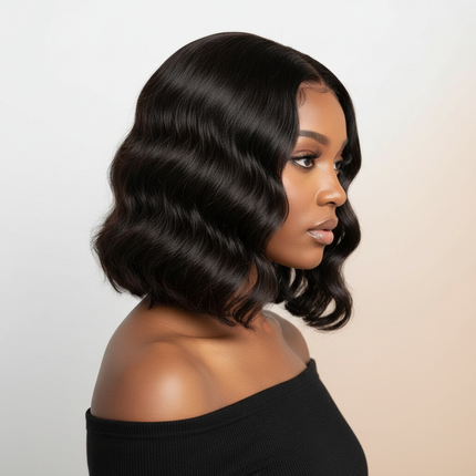 Black woman water wave bob wig side angle square