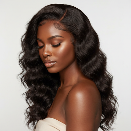 Black woman wavy water wave wig looking down elegant, square, professional