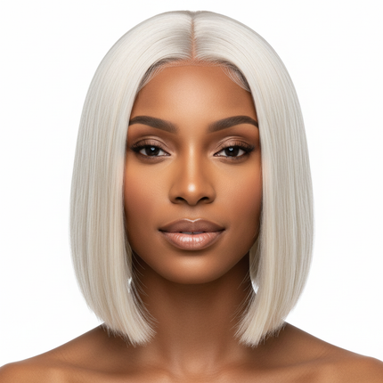 Black woman wearing 613 blonde straight bob wig, front-facing, professional product photo, square format