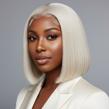 Black woman wearing 613 blonde straight bob wig, lace front style, professional photo