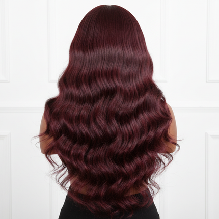 Black woman wearing burgundy body wave wig, back view, long hair, 13x4 lace front wig product