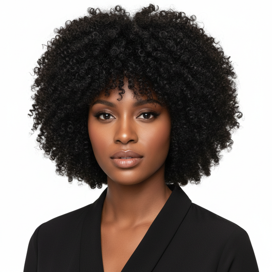 Black woman wearing kinky curly short bob wig, front-facing, professional product photo, square format