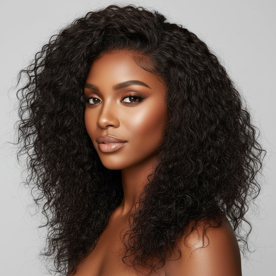 Black woman wearing kinky straight half wig, 3/4 angle view, elegant professional beauty portrait, square format