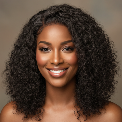 Black woman wearing kinky straight half wig, smiling, natural curls texture visible, professional beauty headshot, square format