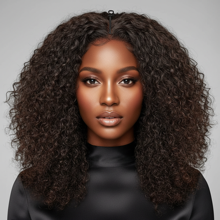Black woman wearing kinky straight half wig with drawstring, front-facing elegant portrait, professional beauty shot, square format