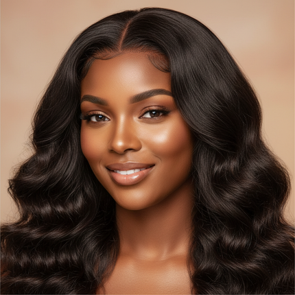 Black woman wearing loose deep wave glueless wig, smiling, soft expression, professional beauty photography, square format