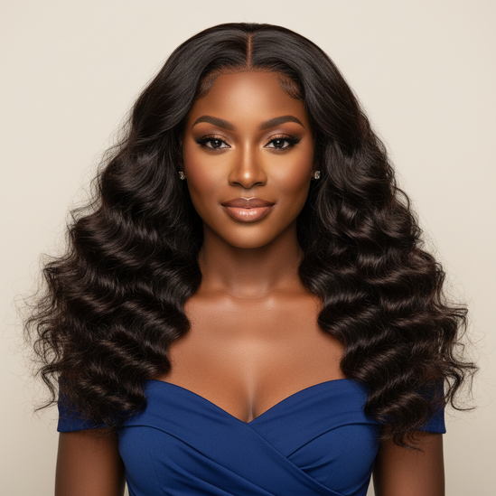 Black woman wearing Mongolian water wave wig, front-facing portrait, square layout, professional photo