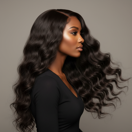Black woman wearing ocean wave textured human hair wig, side angle, professional beauty shot, square format