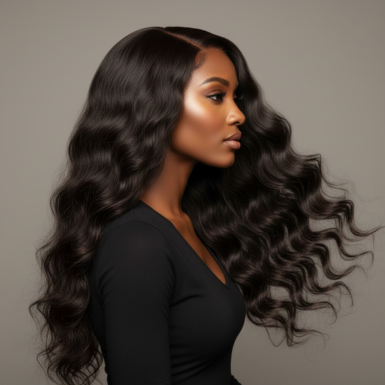 Black woman wearing ocean wave textured human hair wig, side angle, professional beauty shot, square format