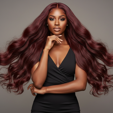 Black woman wearing reddish brown burgundy colored wig, Peruvian body wave, long hair, elegant