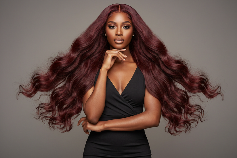 Black woman wearing reddish brown burgundy colored wig, Peruvian body wave, long hair, elegant