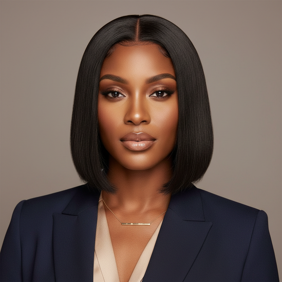 Black woman wearing straight bob lace wig, front-facing, elegant professional photo, square format