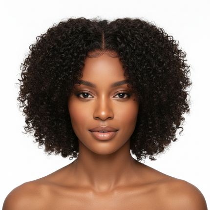 Black woman wearing V part curly bob wig, front-facing portrait, square layout, professional product photo