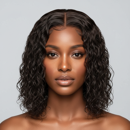 Black woman with Brazilian water wave bob wig front, square, professional photo