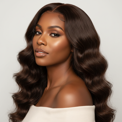 Black woman with chocolate brown body wave wig, head tilt, wavy texture, studio portrait, square format