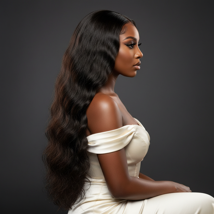 Black woman with kinky straight hair half wig, side view angle, long flowing hair, elegant look, professional photography, square layout