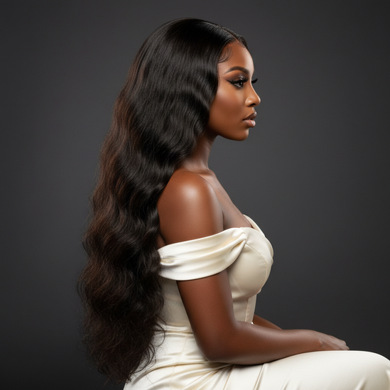 Black woman with kinky straight hair half wig, side view angle, long flowing hair, elegant look, professional photography, square layout