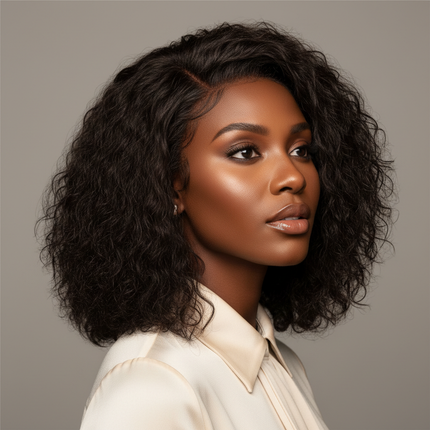 Black woman with kinky straight half wig, shoulder length hair, head tilt, professional studio portrait, square format