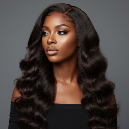 Black woman with loose deep wave glueless wig, head tilt pose, long flowing hair, professional beauty headshot, square format
