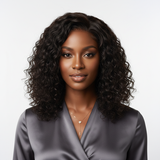 Black woman with V part curly bob wig, shoulder up shot, confident pose, square layout, professional studio