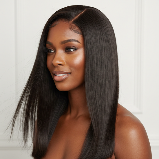 Black woman with V part straight wig, 3/4 angle, elegant portrait, square format