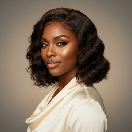 Black woman with water wave bob wig, 3/4 angle, elegant look, professional portrait, square format