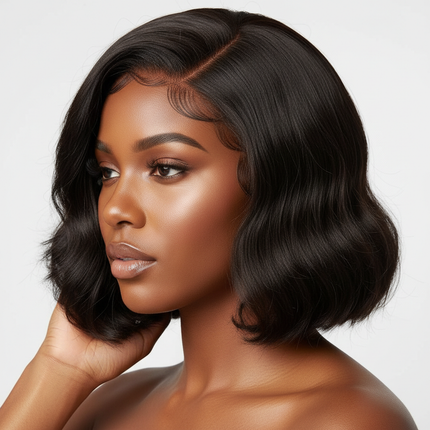 Body Wave Lace Front Wig Pre Bleached Knots Glueless Wigs Wear And Go Short Bob Human Hair Wigs Closure Wigs Hair black model in square layout side angle