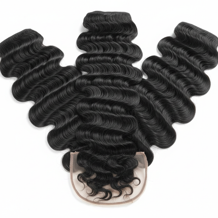 Brazilian body wave hair bundles with lace closure, hair extension product detail shot