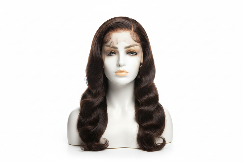 Brazilian body wave lace closure wig, 4x4, natural looking, professional product photo