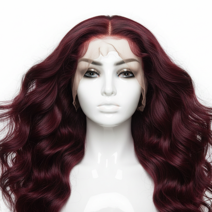 Burgundy colored wig mannequin head, Peruvian body wave texture, 13x4 lace, professional product photo