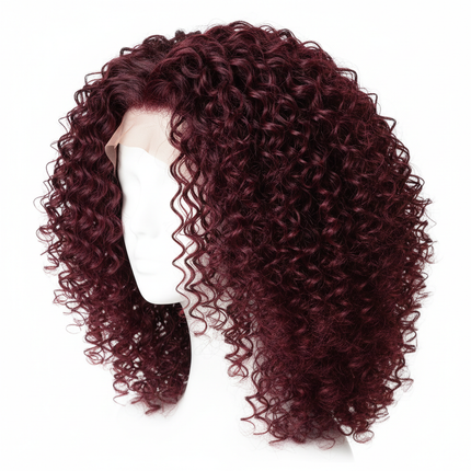 Burgundy curly wig angle, square