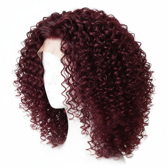 Burgundy curly wig angle, square