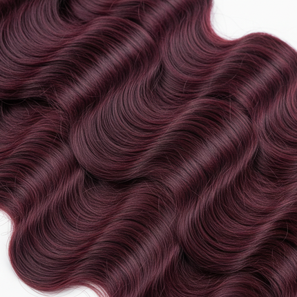 Burgundy wig hair bundles detail, Peruvian wave texture close-up, product photography