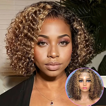 P4/27 Highlight Ombre Lace Front Wig Human Hair Curly Glueless Wear And Go Short Bob HD Transparent Lace Frontal Wig Pre Plucut