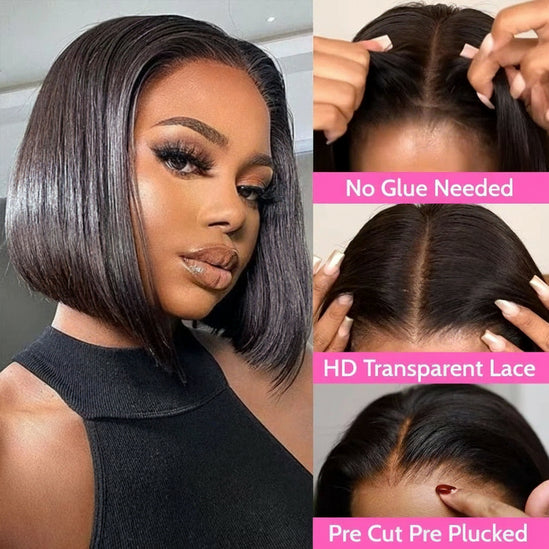 Hair Wear Go Human Hair Wigs Pre Cut PrePlucked Bone Straight Bob Wigs Transparent 7X5 Lace Front Glueless Wig Ready To Go