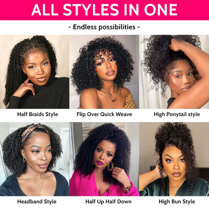 Afro Curly Half Wigs With Human Hair 3 IN 1 Half Wig With Drawstring Seamless Clip Ins Flip Over Headband Wigs Human Hair