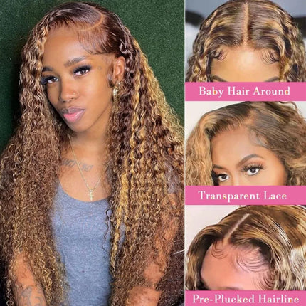 Ombre Highlight Deep Wave Lace Front Wigs Human Hair 4/27 Colored Plucked 13x4 HD Transparent Curly Lace Frontal Wig for Women Highlight Ombre Lace Front Wig Human Hair 13x4 HD Honey Blonde 4/27 Deep Wave Straight Lace Frontal Wigs