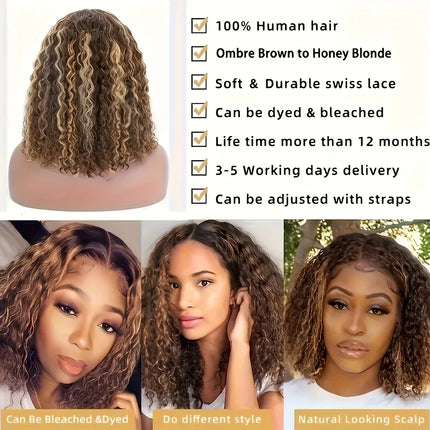 P4/27 Highlight Ombre Lace Front Wig Human Hair Curly Glueless Wear And Go Short Bob HD Transparent Lace Frontal Wig Pre Plucut