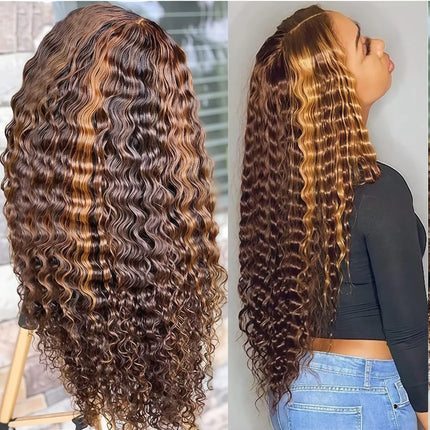 Ombre Highlight Deep Wave Lace Front Wigs Human Hair 4/27 Colored Plucked 13x4 HD Transparent Lace Frontal Wig 200% Density
