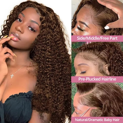 Chocolate Brown Deep Wave 13x6 Lace Front Wig Human Hair Curly #4 Colored Transparent 13x4 Lace Frontal Wig For Women Brazilian