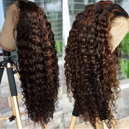 Ombre Highlight Deep Wave Lace Front Wigs Human Hair 4/27 Colored Plucked 13x4 HD Transparent Lace Frontal Wig 200% Density
